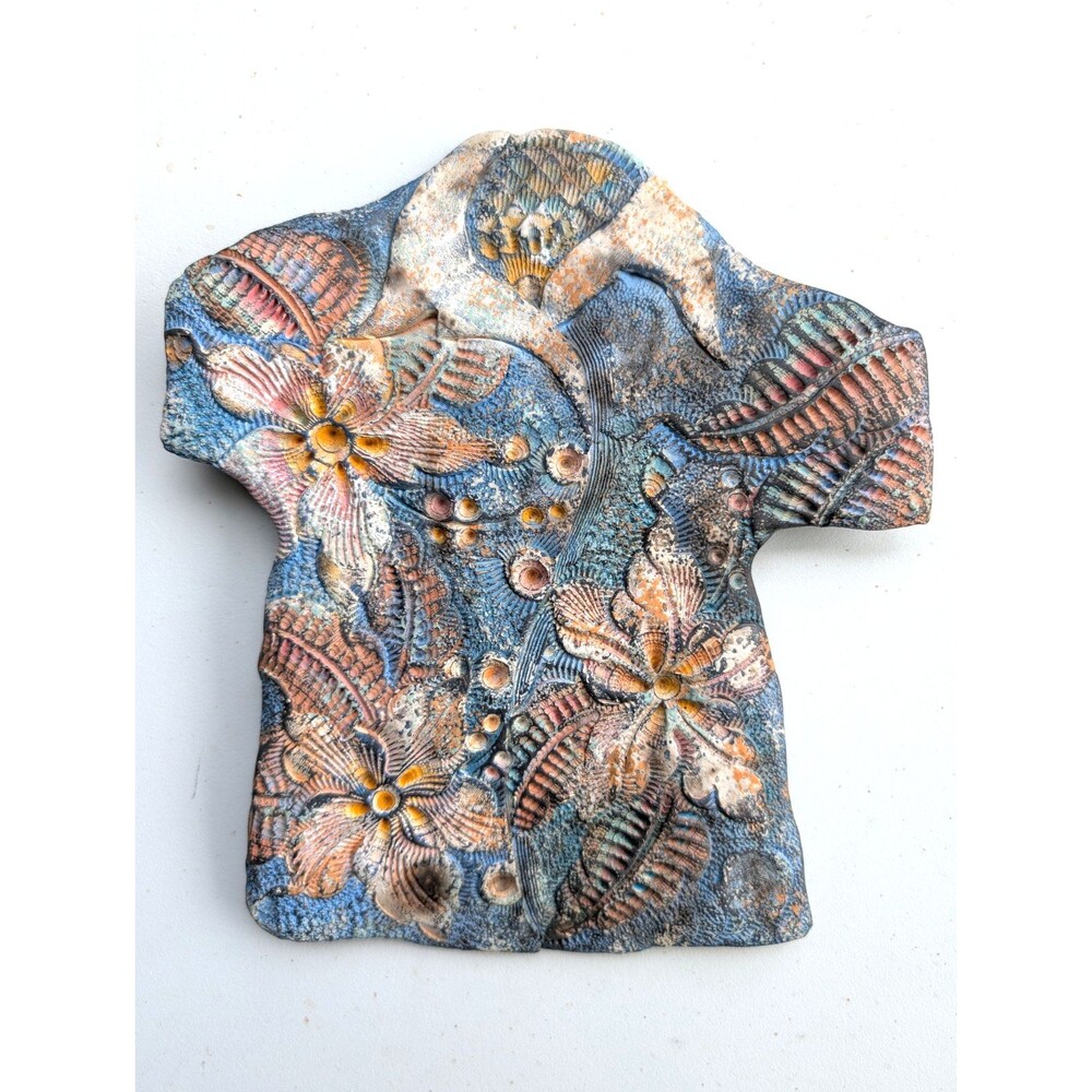 8" Wyatt Hand Maui Signed Ceramic Aloha Shirt Wall Art Sculpture Hawaii Pottery